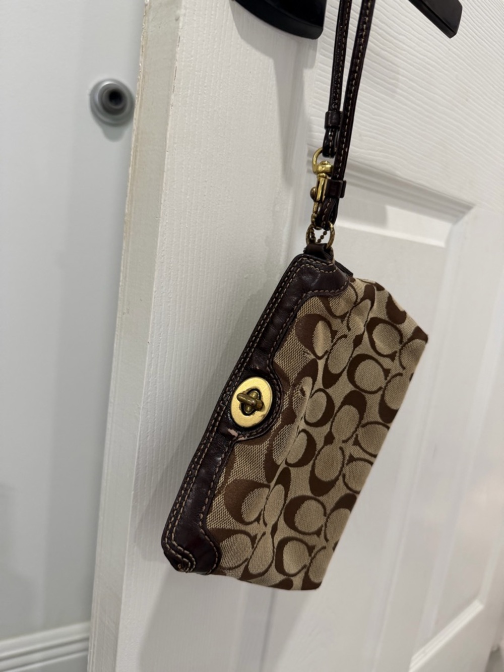 Coach Brown Signature Canvas Wristlet with Gold Hardware
